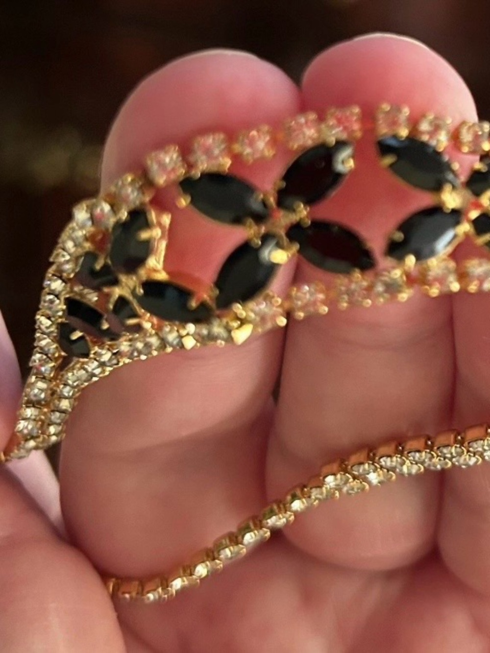 Trifari c. Gold plate w/Rhinestone Necklace with Black Marquise Stones .